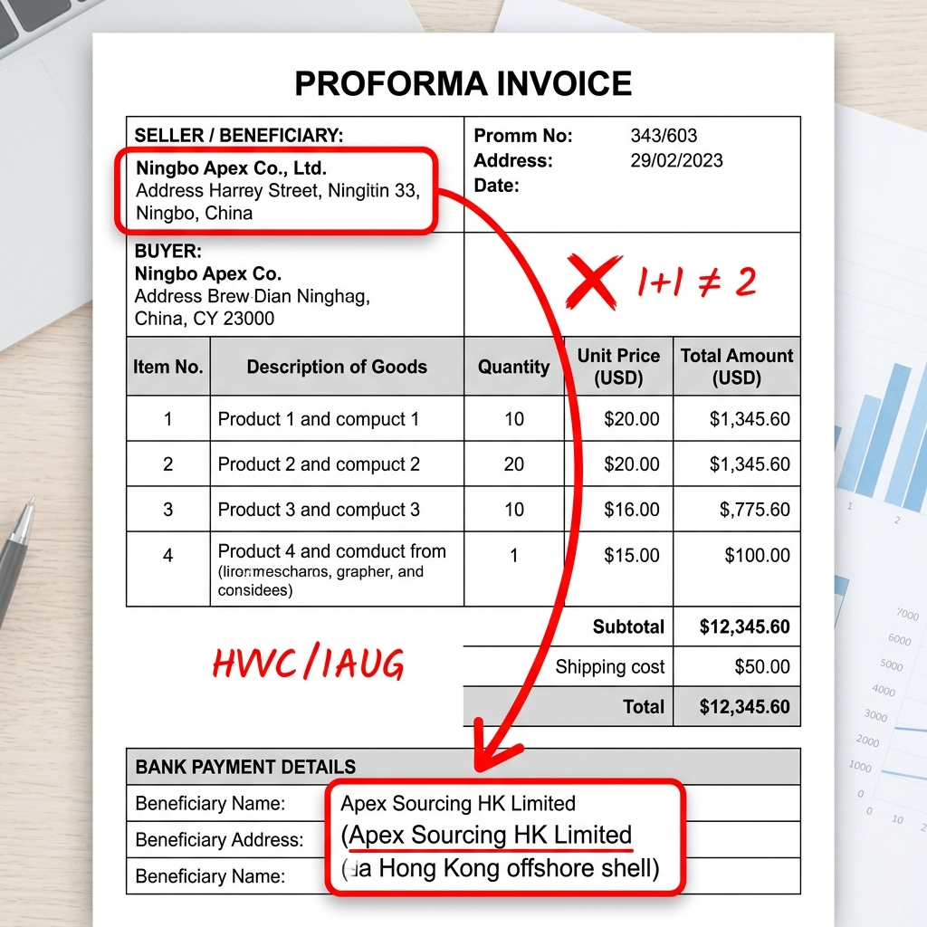 Sample supplier risk report evidence image showing a PI issuer and bank beneficiary mismatch.