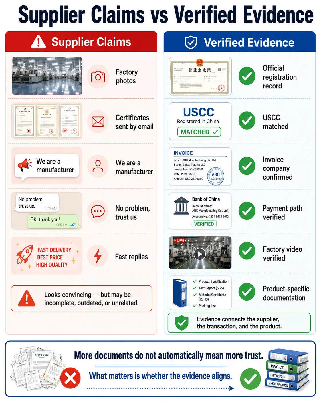 Supplier claims compared with verified evidence